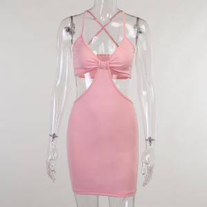 China Low Cut Halter Suspender Sexy Women Dresses 61cm Pink High Waist Hollow Stitching wholesale