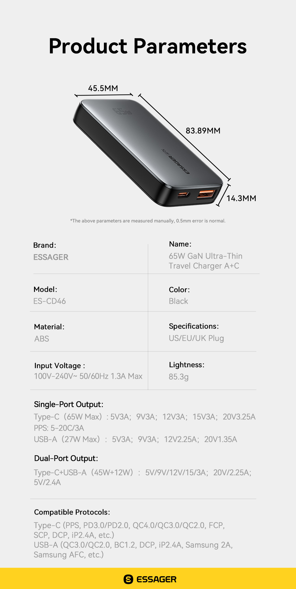 ESSAGER ES-CD46 Series 65W 2 Ports GaN Wall Charger Super Fast Charger