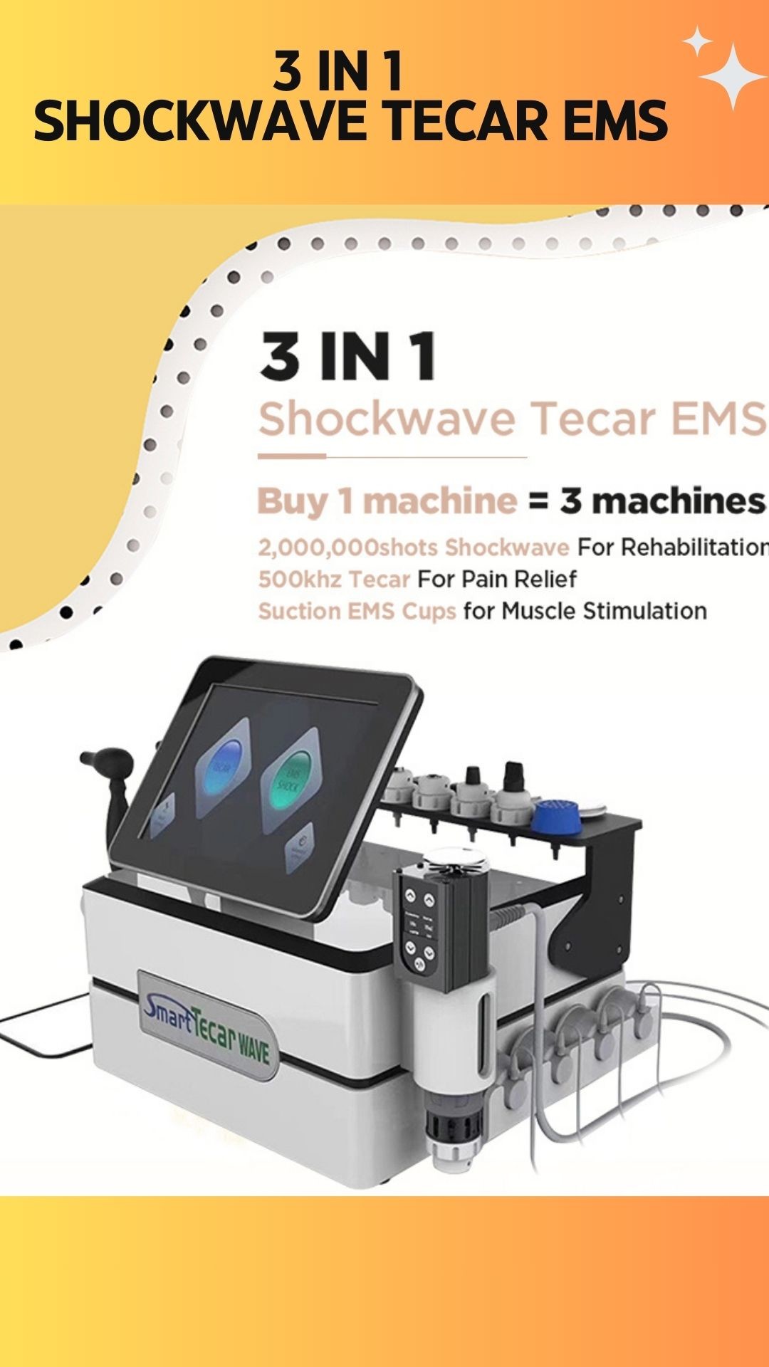Energy 5-200 MJ 3in1 Smart Tecar Wave Machine for Shockwave Therapy and RET CET Treatment