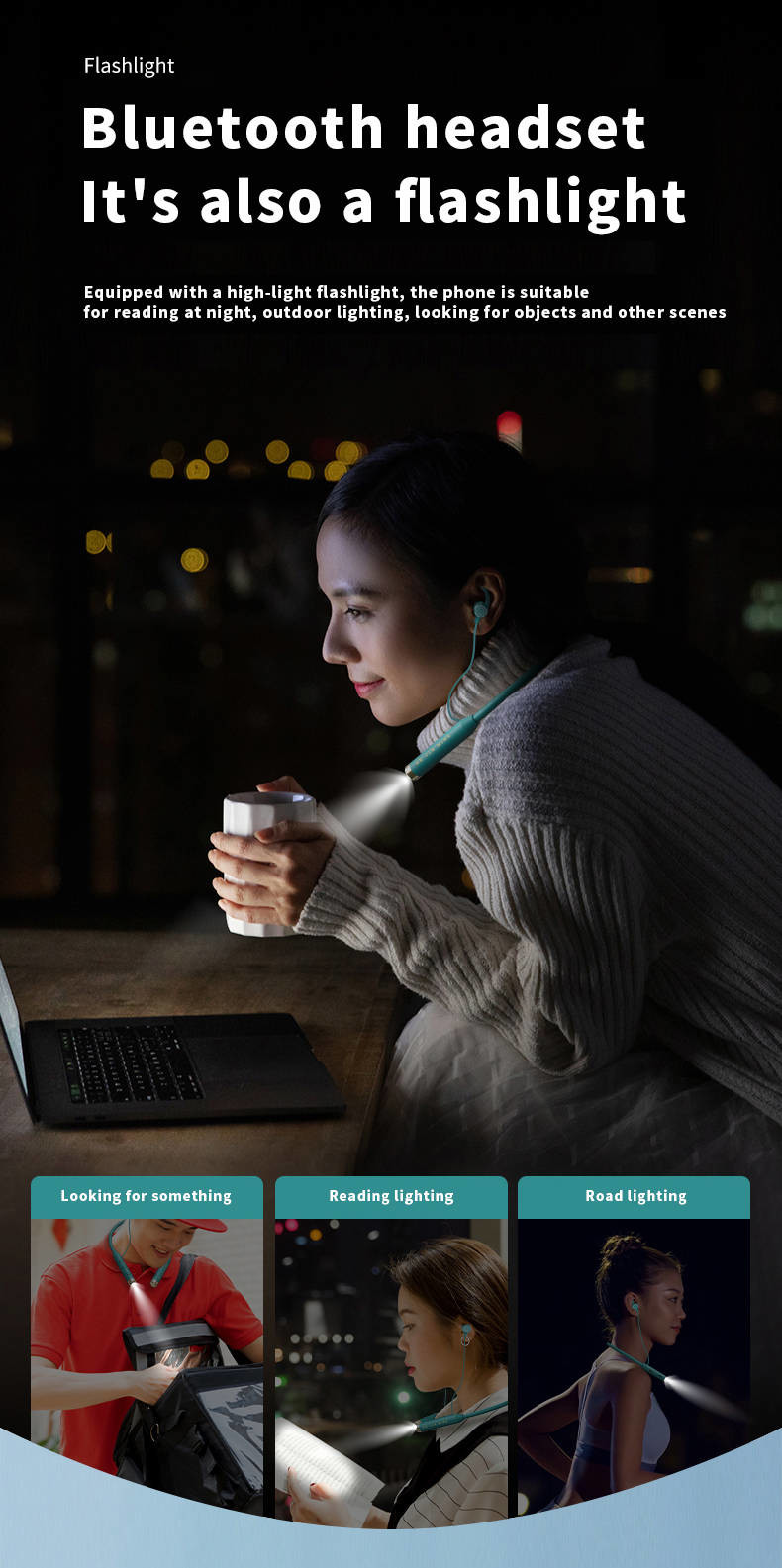 Bluetooth Neckband Earphones With 70H Playing Flashlight TF Card Model