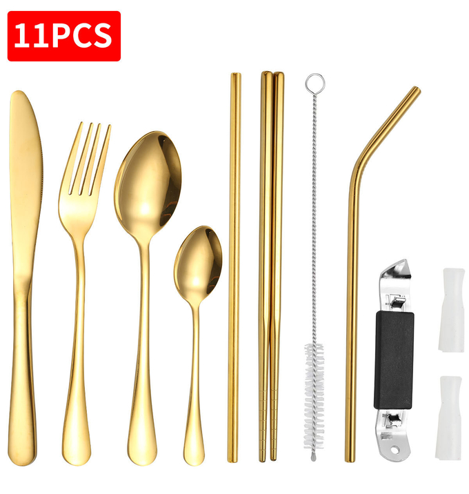 Portable Travel Stainless Steel Cutlery Set, Reusable With A Case For Fixing Tableware 11 Pieces