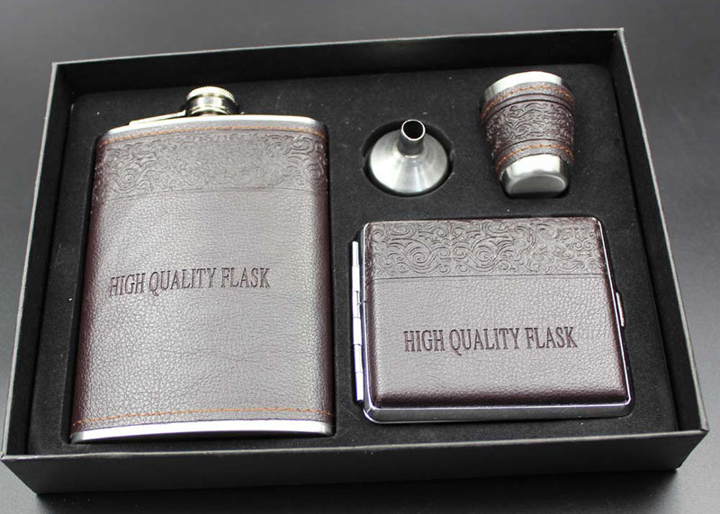 Leather 9 Oz Mens Hip Flask Set With White Wine Bottle / Cup / Funnel