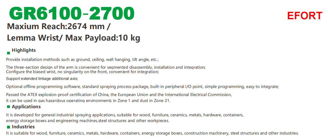 Painting robot for furniture, metal, hardware, GR6100-2700 payload 10kg reach 2674mm