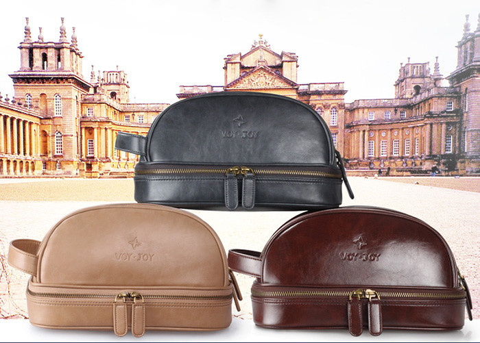 Luxury PU Leather Mens Toiletry Bag Khaki Black Brown Colors OEM/ODM Service