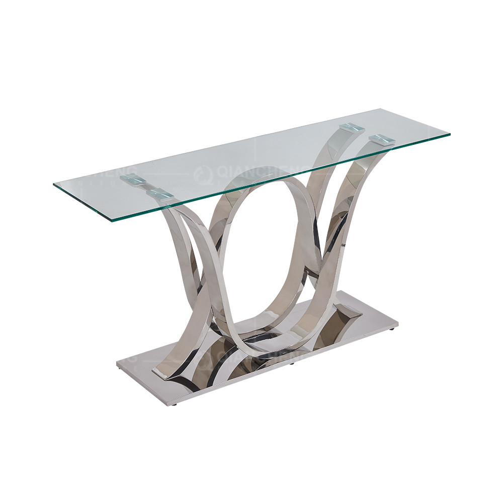 Living Room ODM Metal Console Tables Glass Top With Plastic Corner Feet Pads