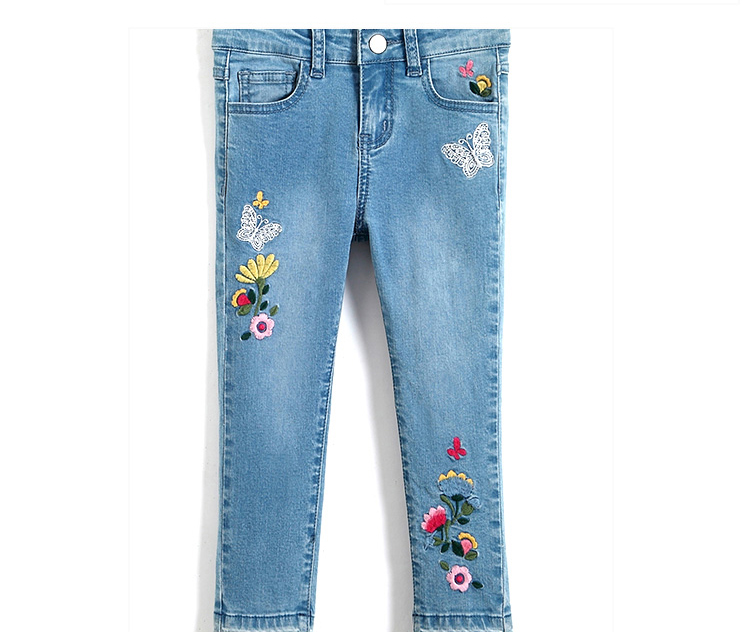 Long Kids Denim Clothes Baby Girl Denim Pants With Flower Embroidered Decor