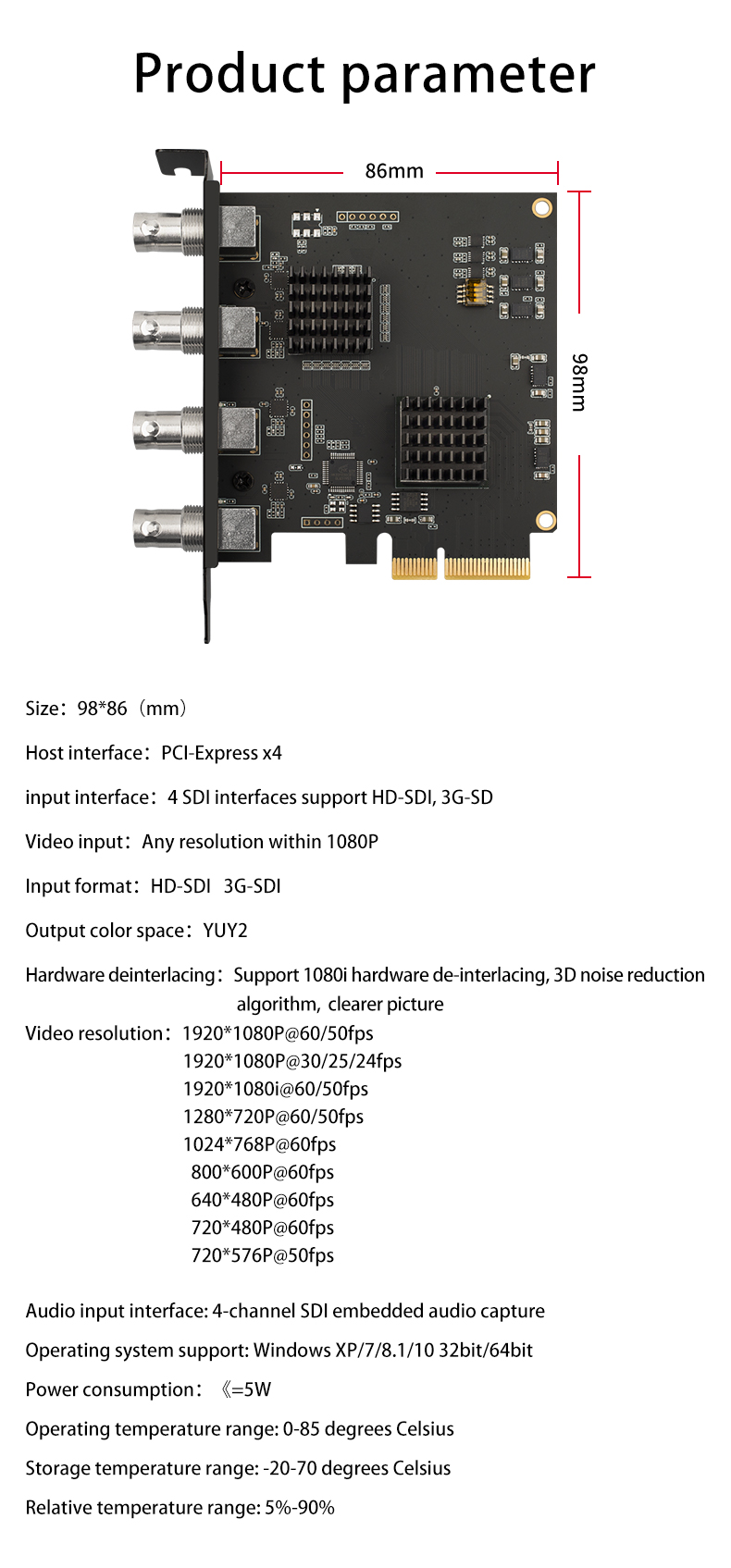 Power Consumption ≤5 Supply Plug and Play 1080p HD Capture Card 1920x1080 SDI Interface