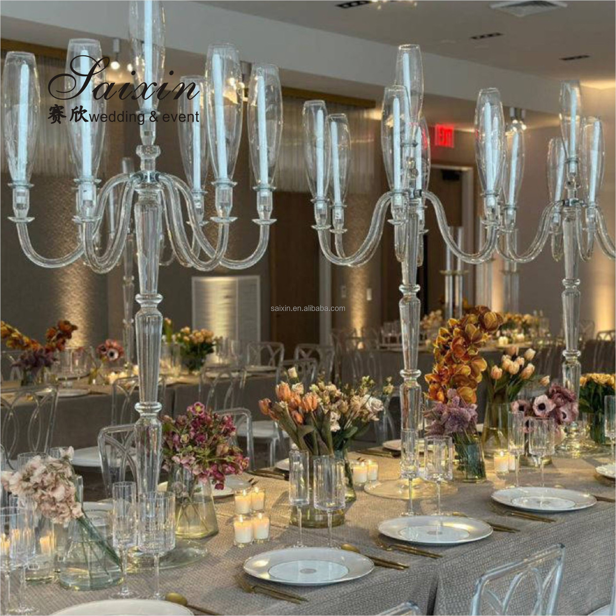 ZT-062 Chic 4 pcs different size white stem crystal pillar candle holder for decor wedding centerpieces