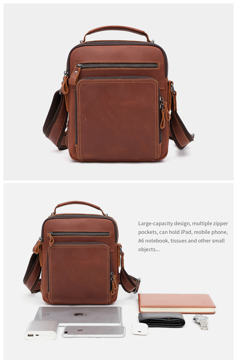 9.7 Inch Genuine Leather Men's Shoulder Messenger Bag with Multiple Pockets and No Decoration