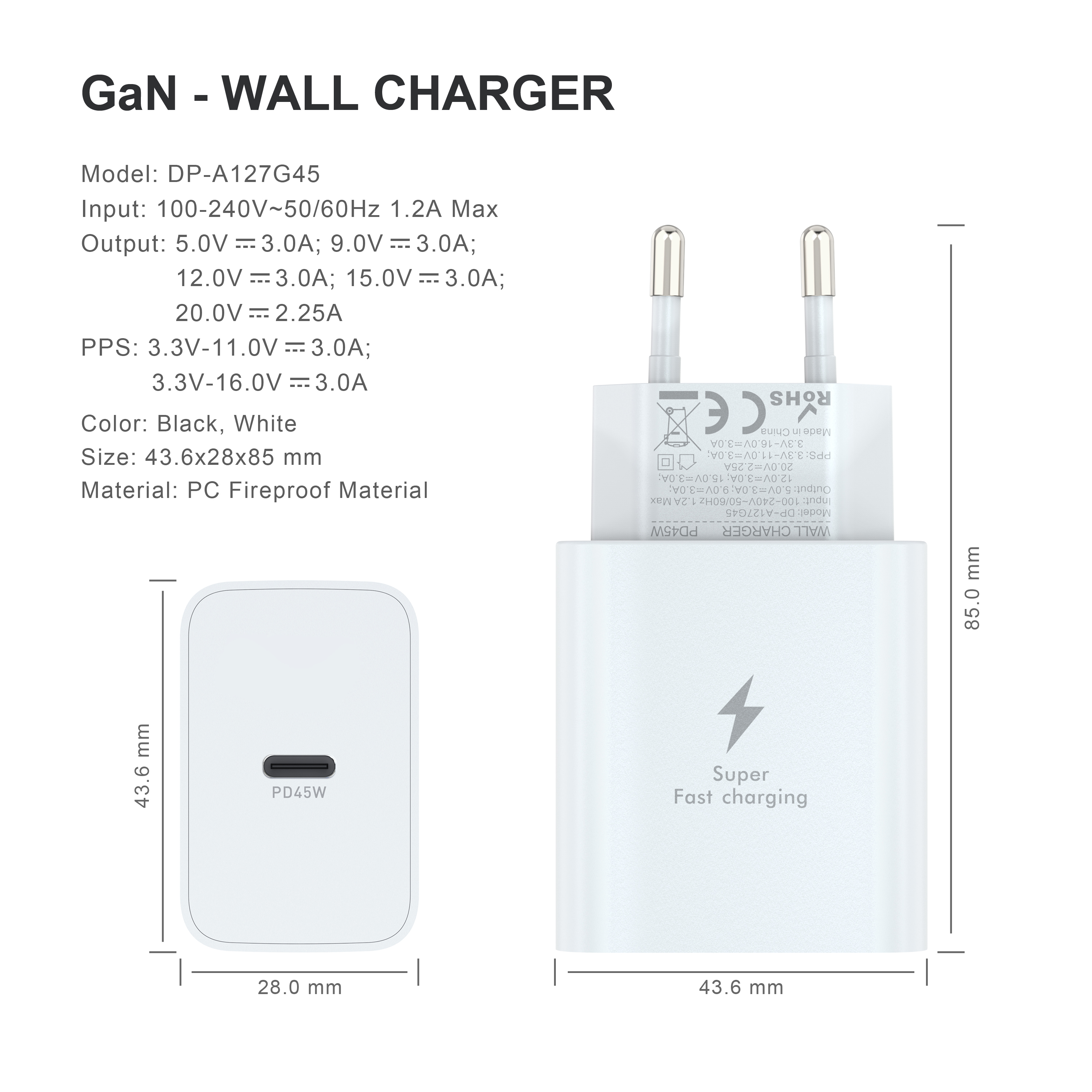 Private Mold 45W GaN USB-C Wall Charger For MacBook Pro/Air IPad Pro Galaxy S23