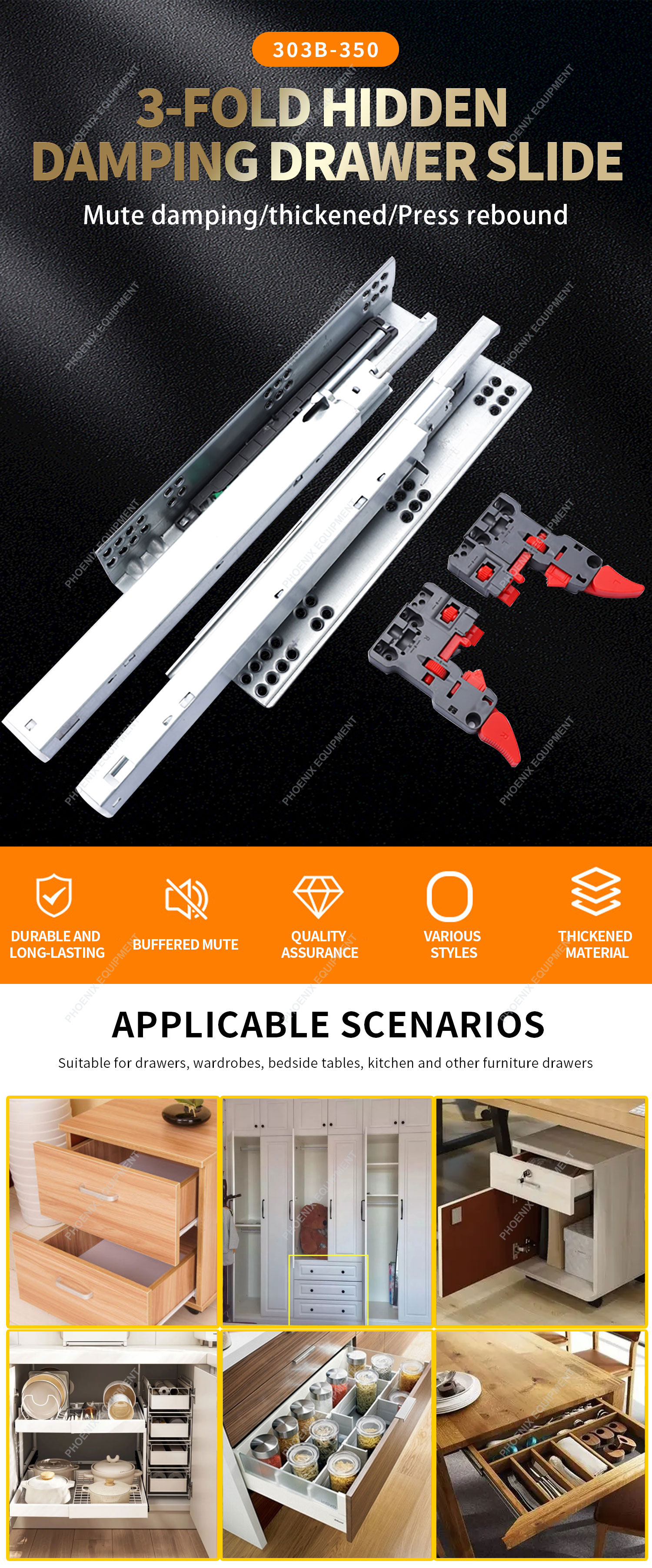 Packing set /ctn 10 3-fold concealed damping Thickened handle free rebound drawer slide