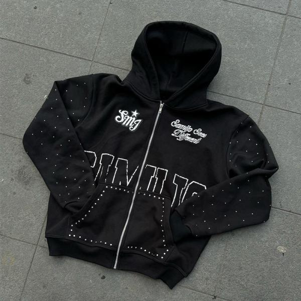 Custom Rhinestone Zip Up Hoodie 450 gsm Thick Heavy Weight Screen Printing Logo
