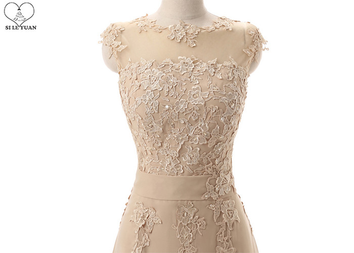Champagne Lace Bridesmaid Dresses / Beaded Chiffon Plus Size A Line Ball Gowns