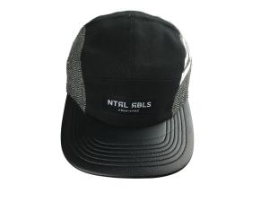 China Fashionable 5 Panel Camp Caps With Flat PU Visor And Woven Label Logo wholesale
