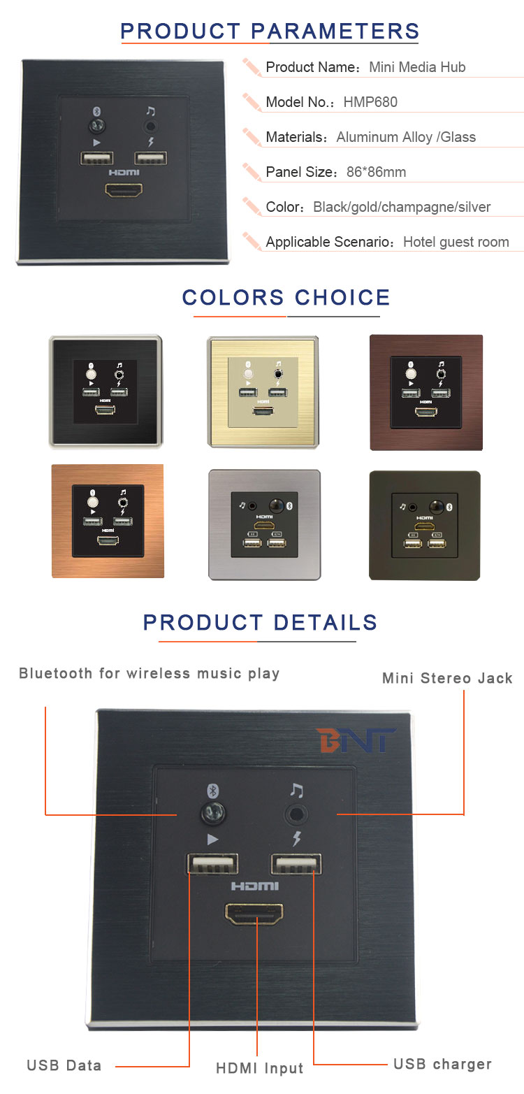 Aluminum panel wall mounted smart multimedia media hub for hotel