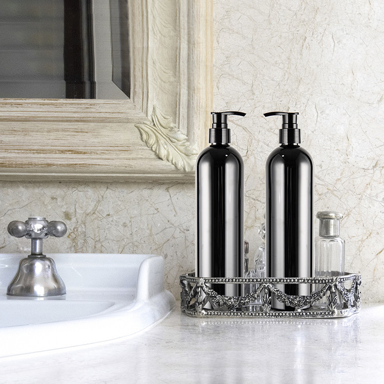 Black Color 480ml Boston round Plastic Shampoo Bottles With Dispenser Pump