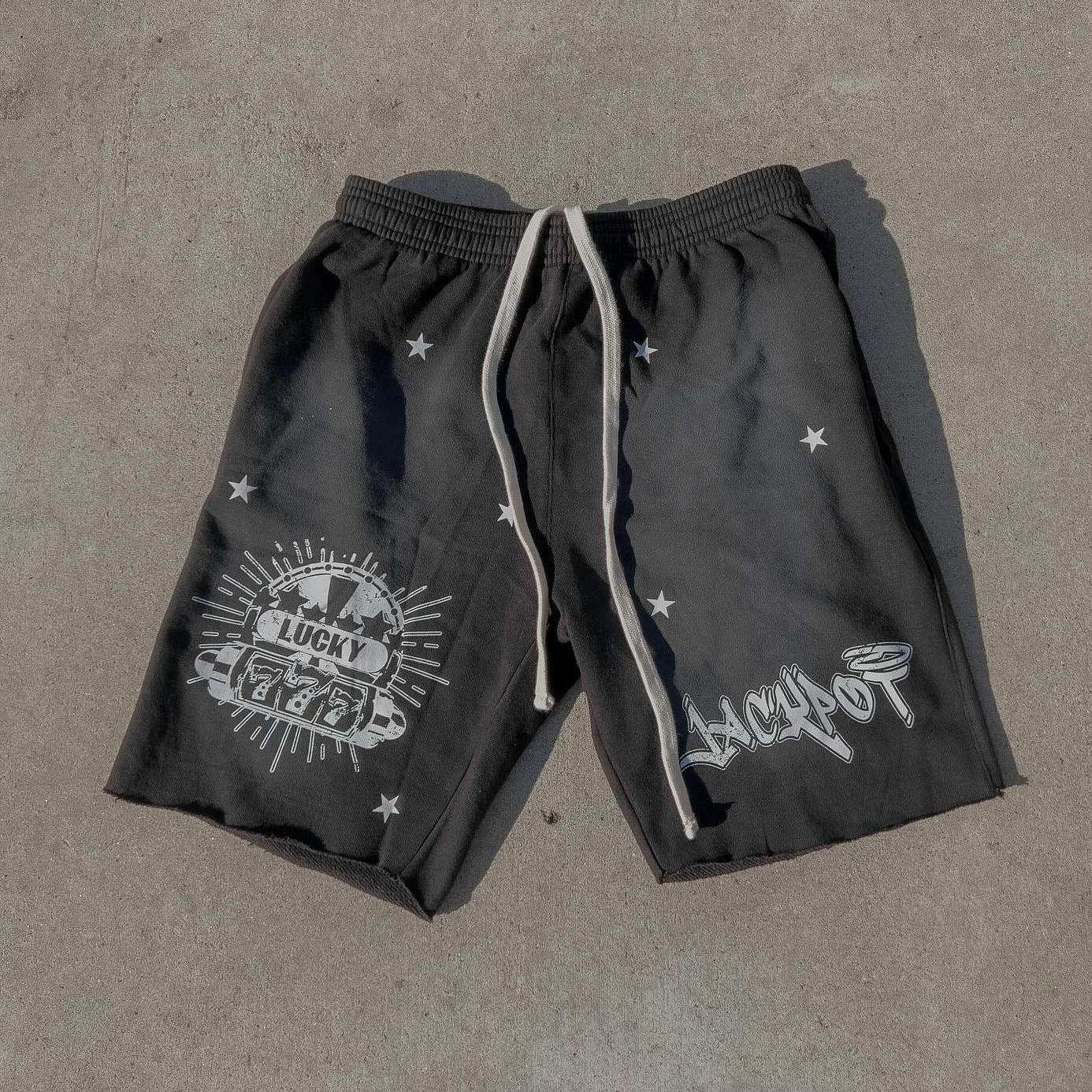 Men's Elastic High Waist Raw Hem Washed Cotton Shorts with Custom Sun Faded Acid Wash