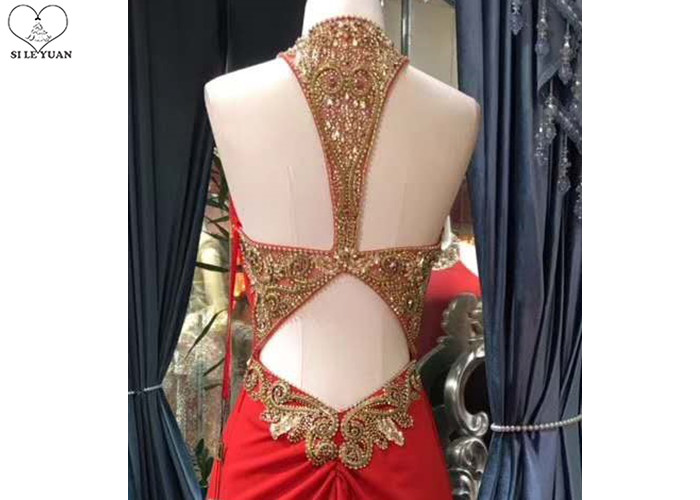 Gold Mermaid Style Red Dress Hanging Neck Luxury Heavy Beading Hollow Back