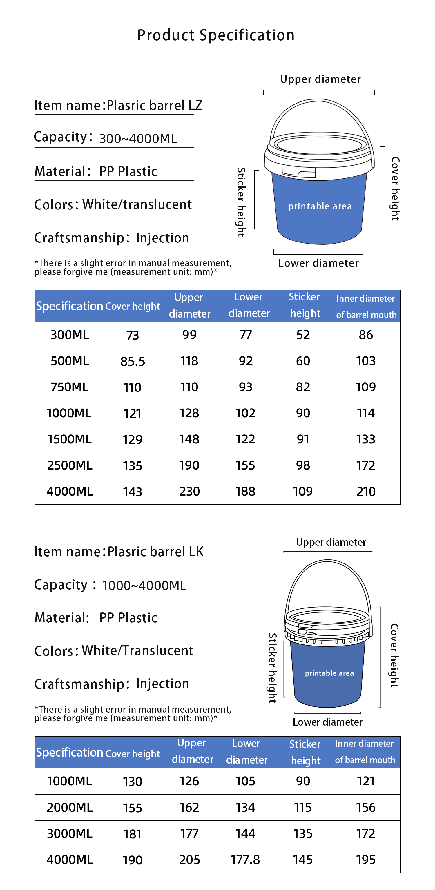 High Pressure Resistance Clear Plastic Bucket for Food Packing Capacity 1L-10L Handle