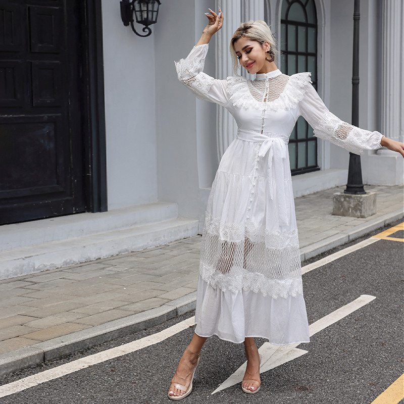 Embroidered Long Sleeve Lace Maxi Dress Plain Pattern For Wedding