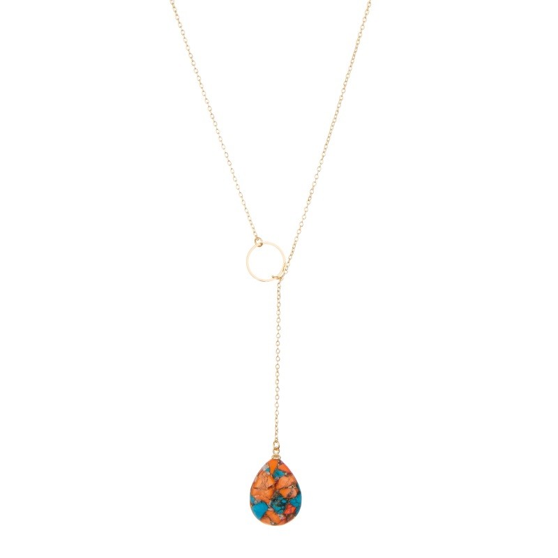 Turquoise Drop Shaped Pendant Gold Chain Necklace Handmade Multicolor