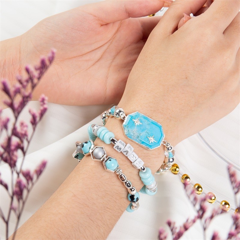 Natural Turquoise Beaded Stone Bracelet Silver Edge Clover Shaped Anxiety Relief