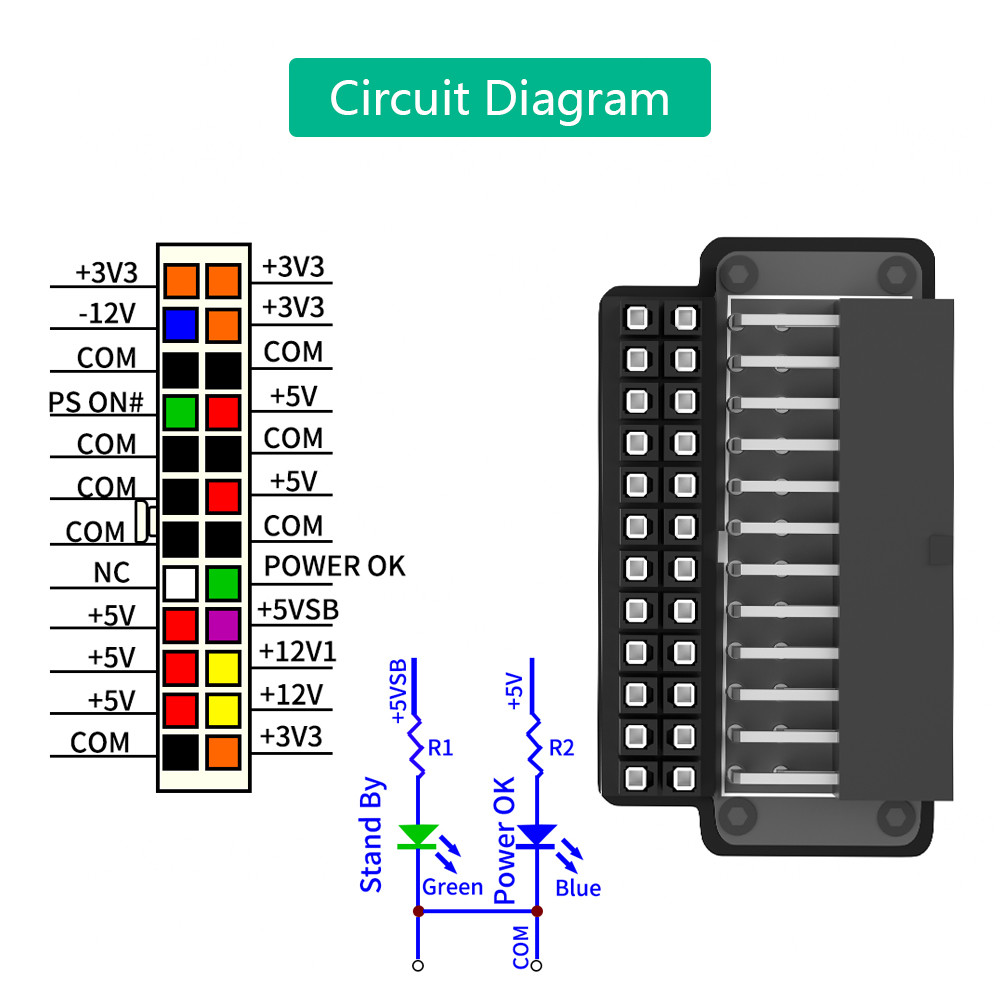 ATX 24Pin Female To 24pin Male 90 Degree Power Adapter With Power OK And Stand By LED And ABS Plastic Top Cover