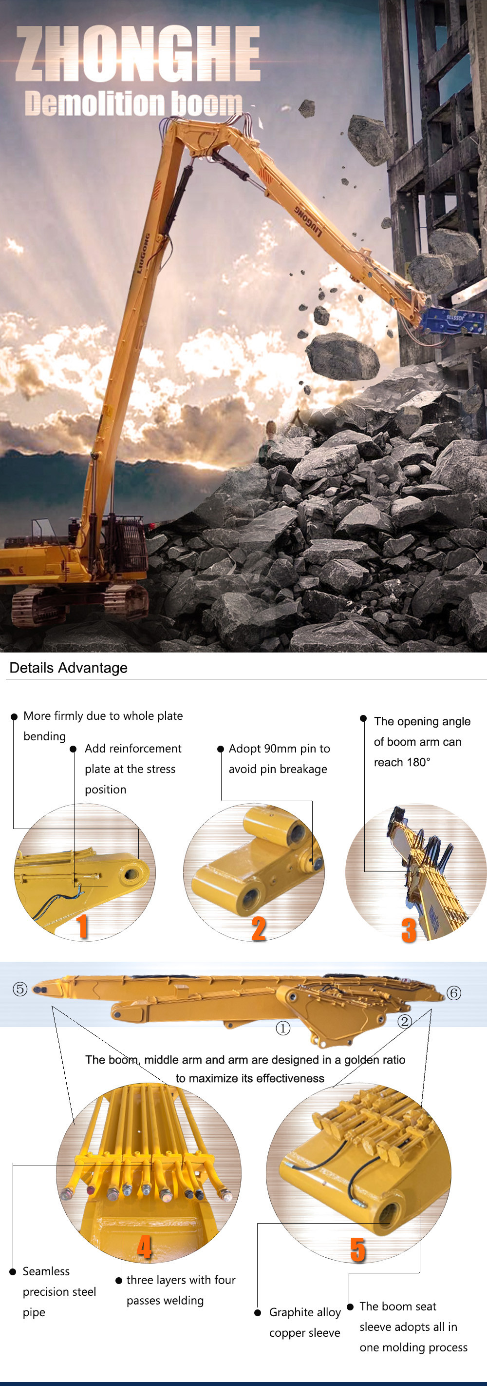 20ton-22ton Long Reach Digger Demolition Boom Arm For Cat Hitachi Komatsu