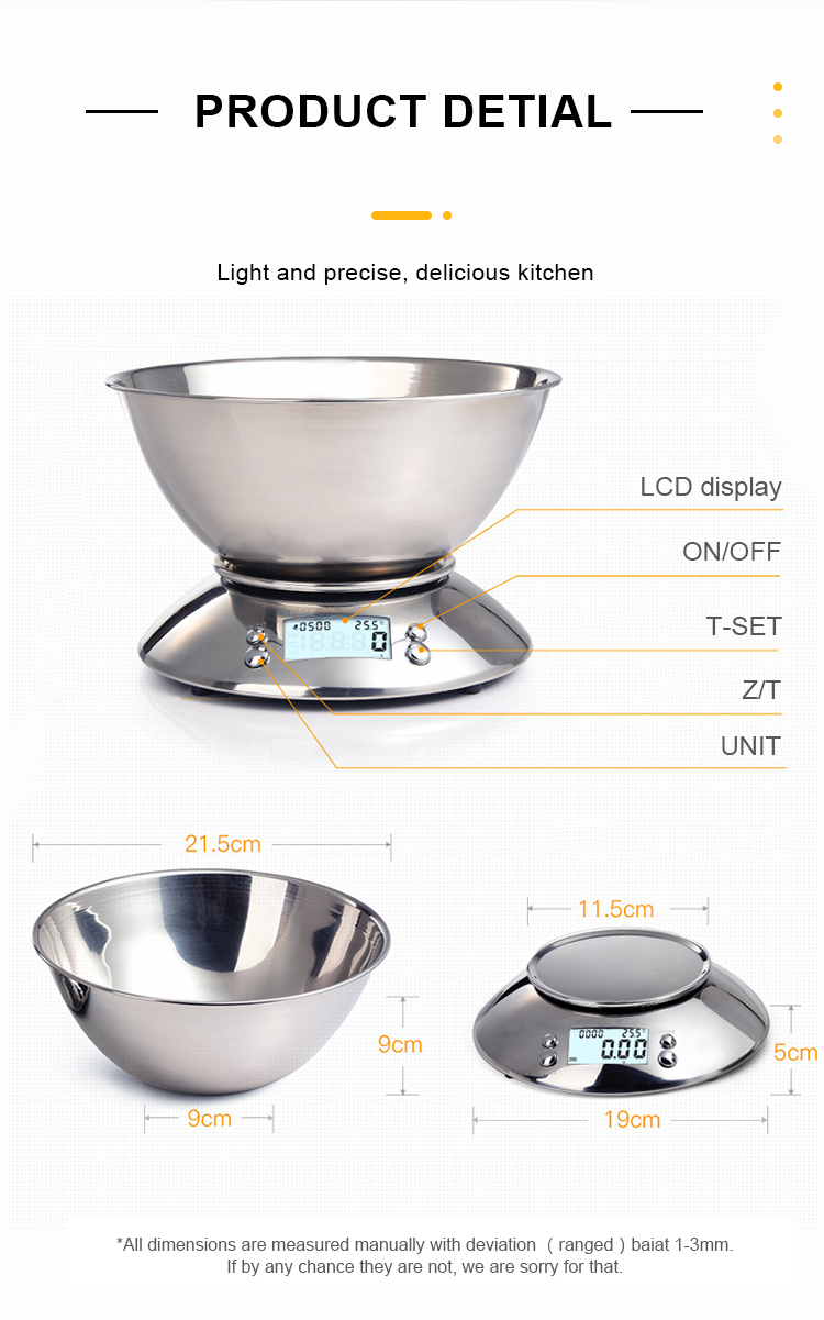 Stainless Steel Digital Kitchen Scale 5 kg Removable Bowl and Battery Powered Digital Household Scale