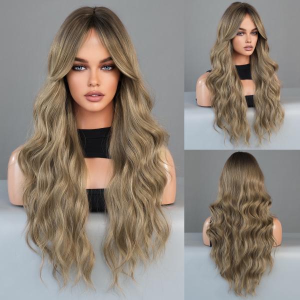 Fashion Long Body Wave Dark Root Hair Brown/Blonde Synthetic Wigs For Women