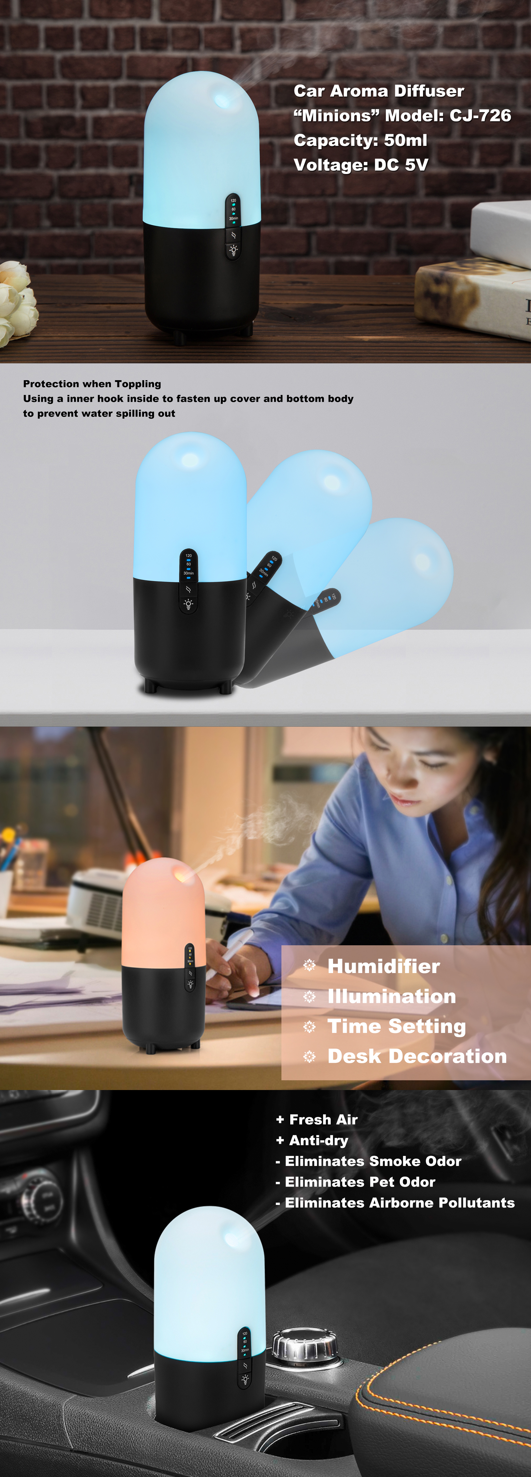 USB Car Diffuser Mini Air Humidifier With Colorful LED Light