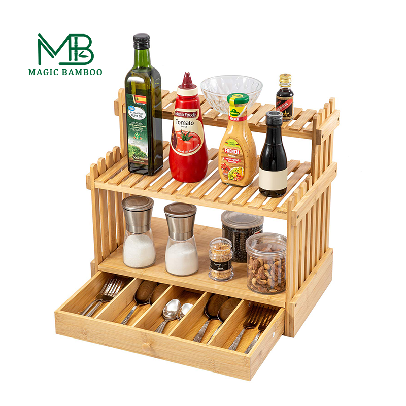 Sustainable Bamboo Spice Rack 3 Tier Multifunction Rectangle Storage Kitchen Customizable