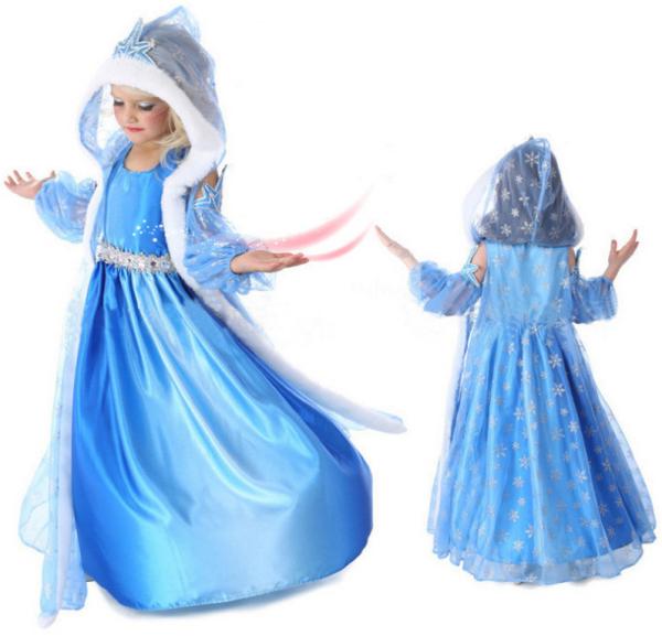 2015 Frozene Elsa Jurk Anna Party Dress Christmas fur Hooded Snow Printed