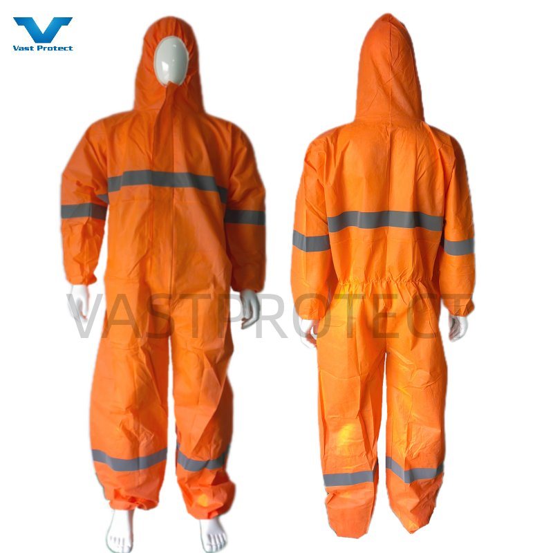 Factory Chemical Diposable PP+PE Orange Type5&6 Safety Coveralls with Reflective Tape