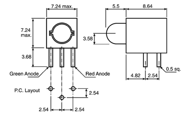 Green & Red Right-angle PCB LED Indicator, 6-pin Through Hole, 60 ° 2.5 V