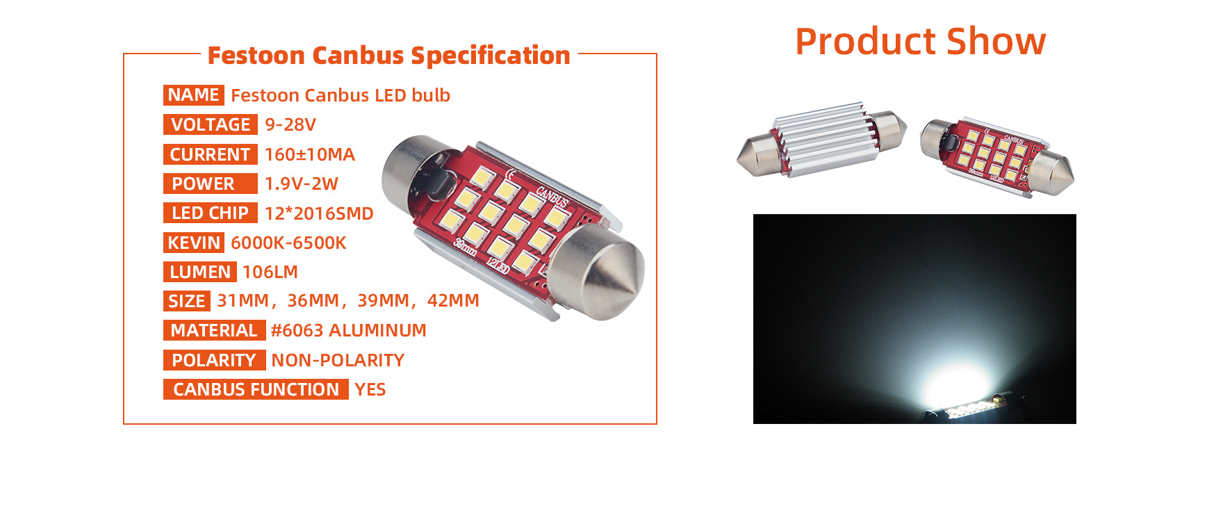 OEM Design 31mm Festoon Led Bulb For Dome Light , Door Light Interior Light