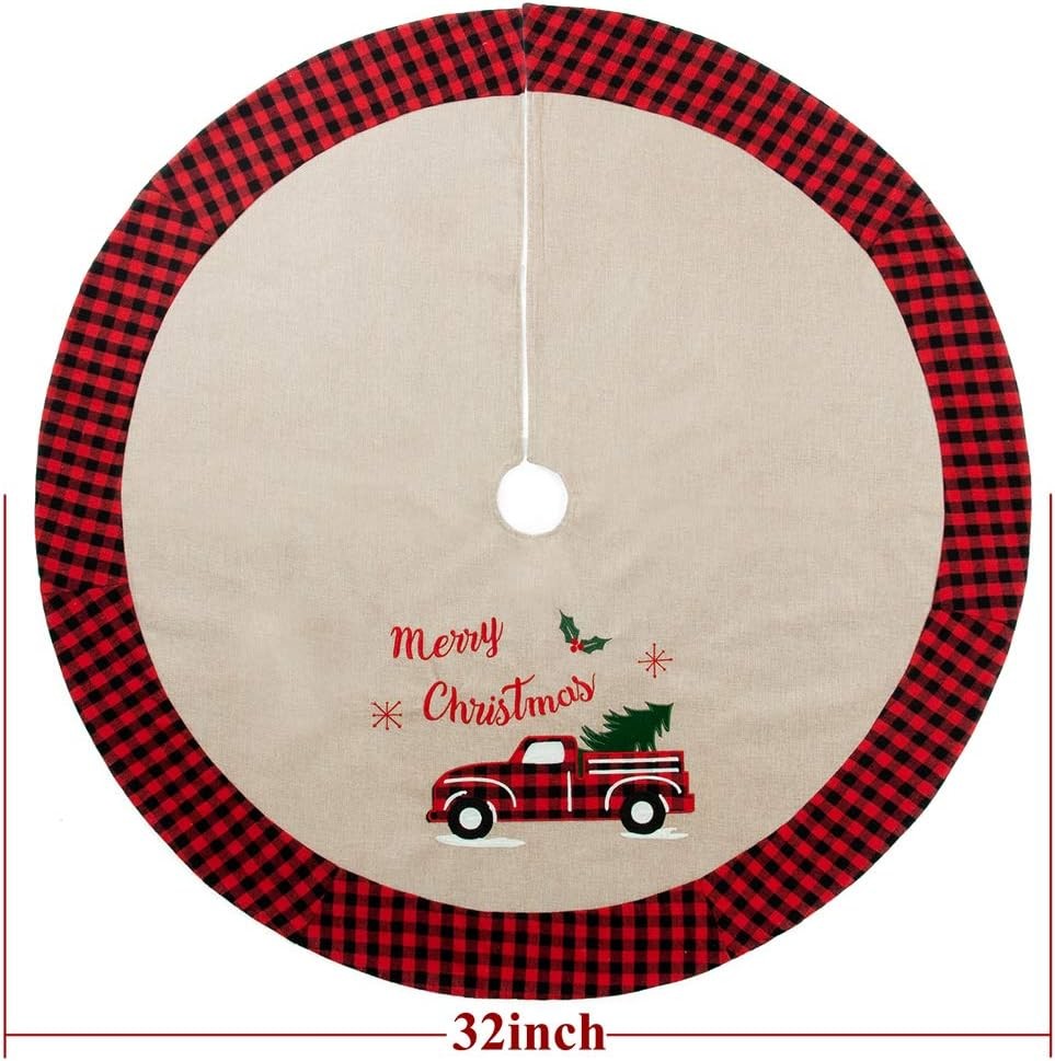 Christmas Tree Skirt Burlap 32 Inches Tree Skirt with Red and Black Plaid Border Trim for Holiday Decorations