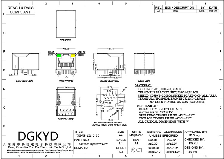DGKYD211Q285CD2A4D2 2.5G Single Port Tab Up Connector Modular Jack Industrial RJ45 Network