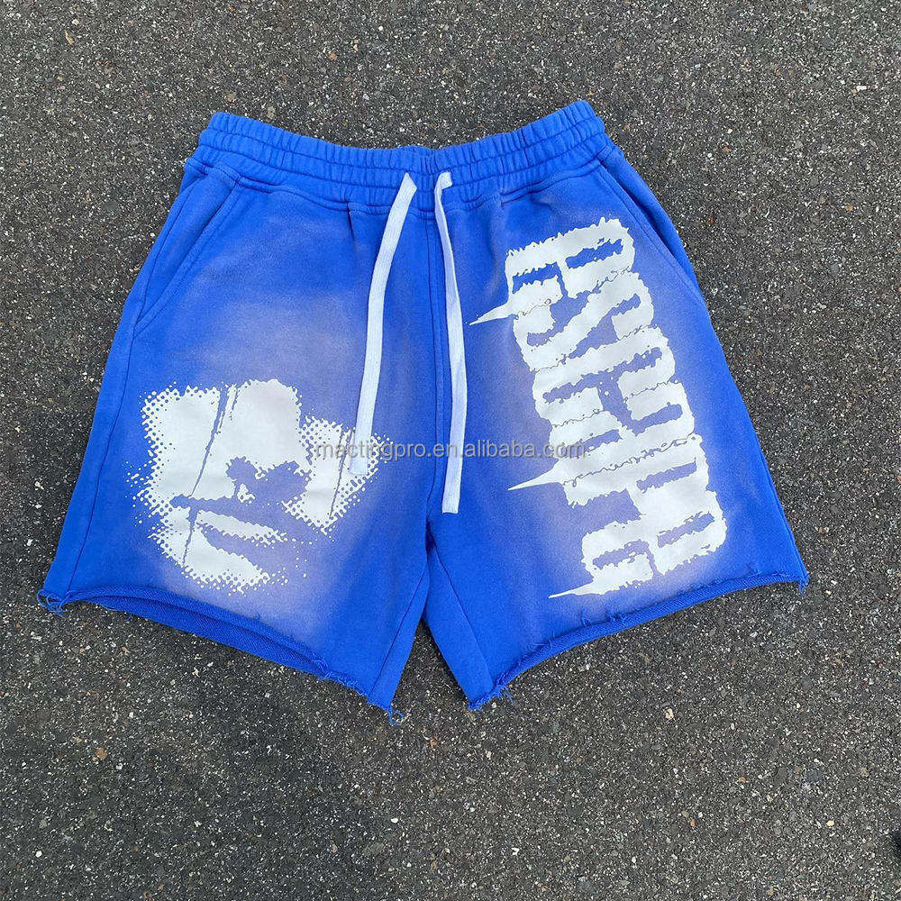 Vintage Graphic French Terry Shorts with Drawstring Closure and Distressed Acid Wash
