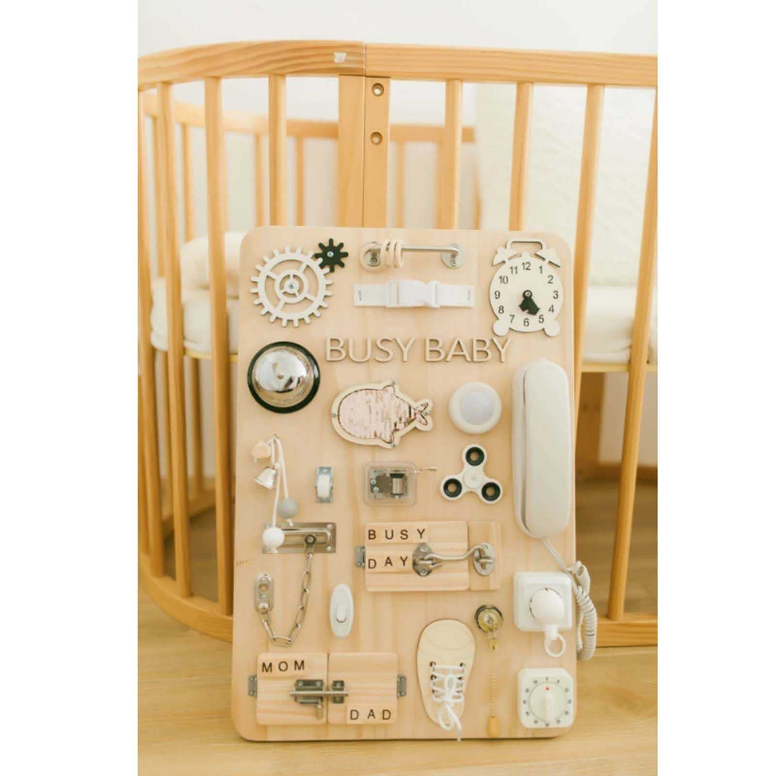 Wooden Handmade Baby Activity Boards Featuring Keys Lock Latches and Time Telling Clock