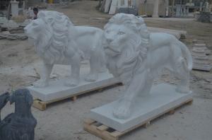 China One Pair White Villa ISO Small Marble Lion Statue Stone Carving Sculpture wholesale