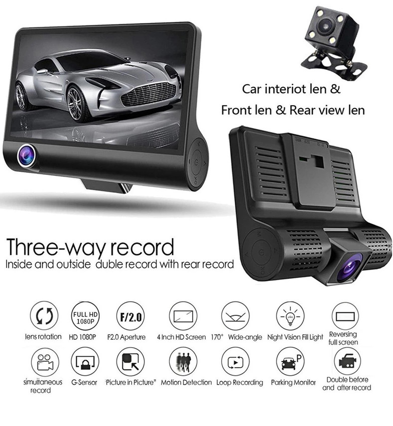 Wide Angle 4inch Digital Car DVR Three Lens Dash Cam Black Box Video Recorder G Sensor