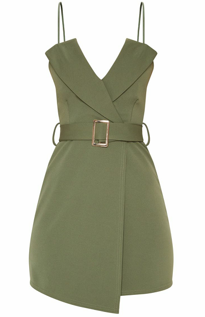 Women Khaki Tux Detail Belted Wrap Bodycon Dress With Spaghetti Strap