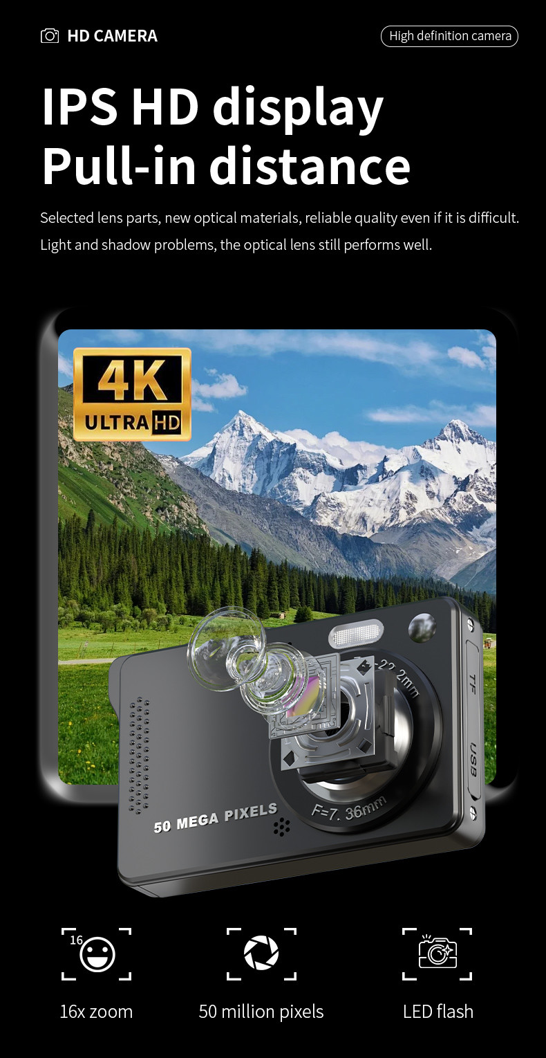 Compact Digital Camera Camcorder Point And Shoot 4K Ultra HD 44MP