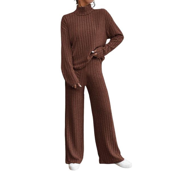 2024 Autumn and Winter Casual High Neck Knitted Long sleeved Sweater Set Women's Loose Pants Two Piece Set