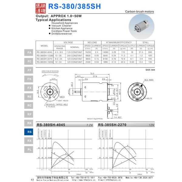 20.0W 12V 9800RPM Carbon Brushed DC Motor RS-385SH