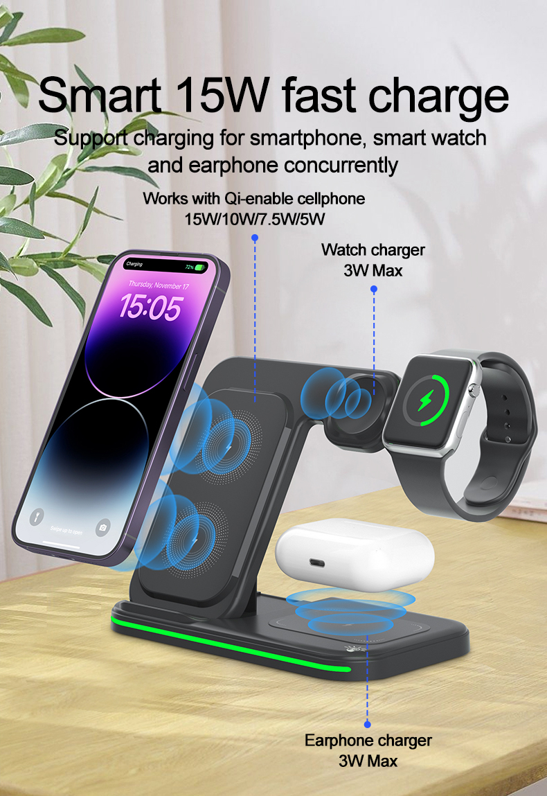 Portable 15W 3 In 1 Fast Charging Desktop Foldable Mobile Phone Universal QI Wireless Charger Stand Holder For Phone Airpod iWatch
