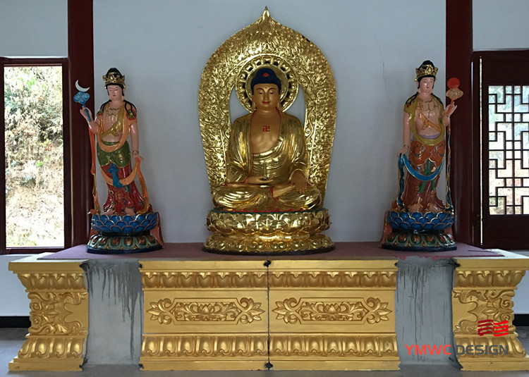 Gilded Red Copper Buddha Statue for Temple Customized Size and Indoor Group Sculpture