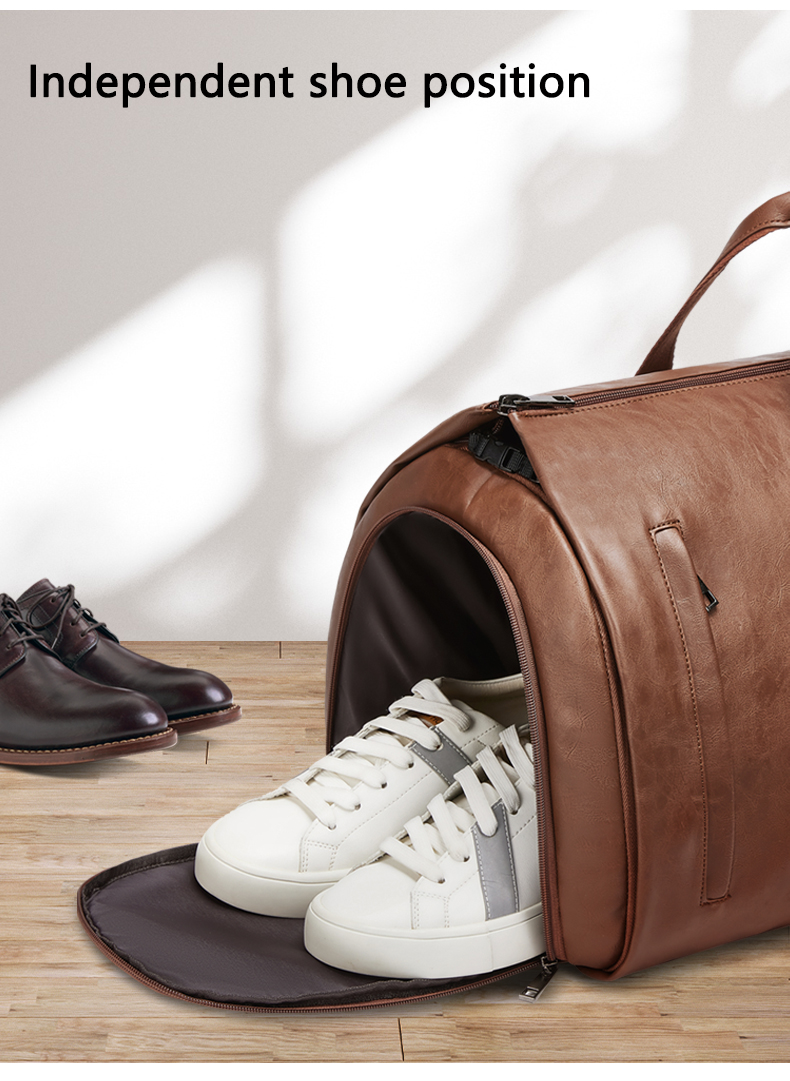 Outdoor PU Leather Travel Duffle Bag Brown With Separate Shoe Compartment
