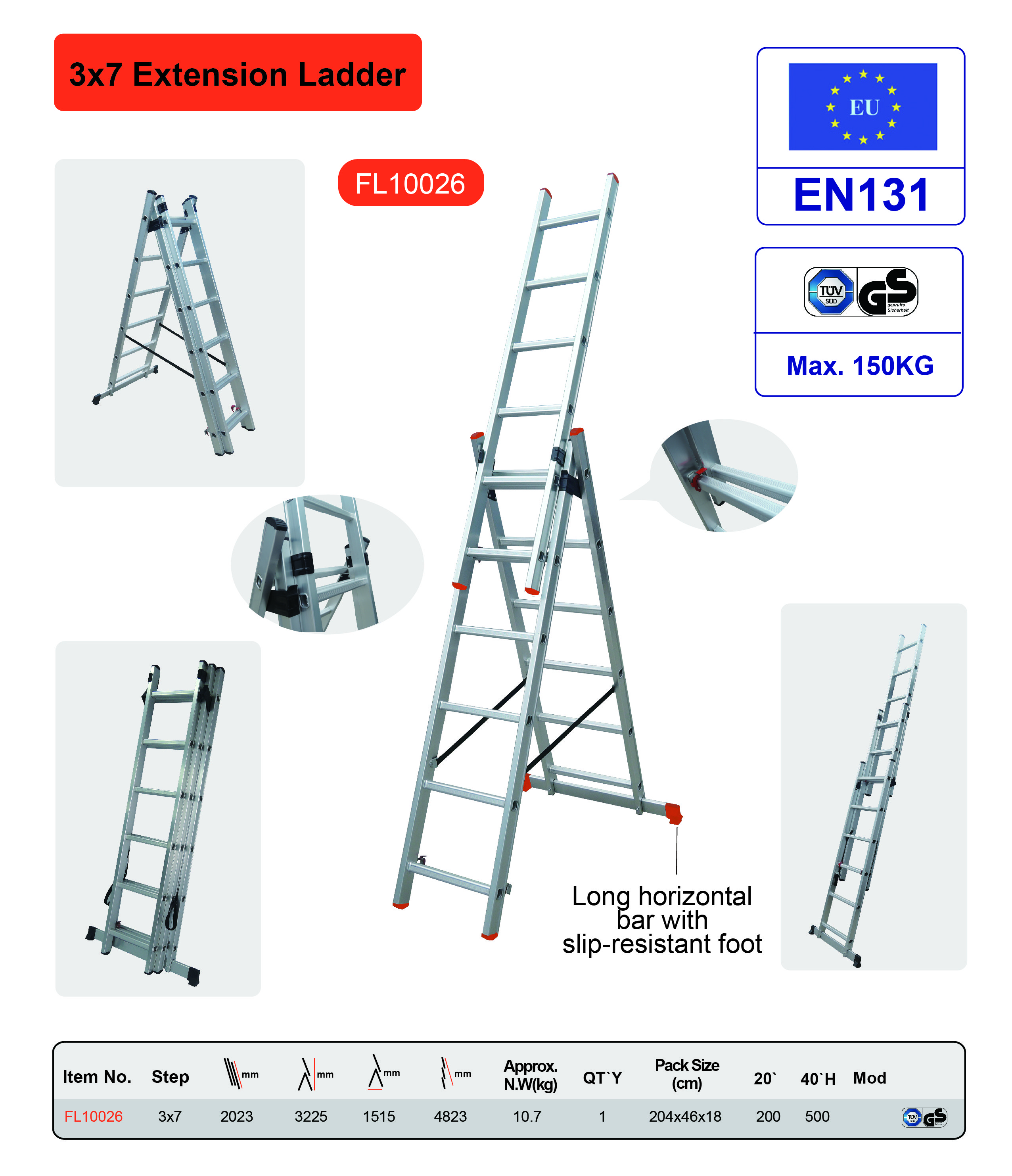 Portable Aluminum Extension Ladder 3x7 Aluminium Telescopic Ladder